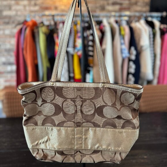 Coach Signature Print Brown with Gold Stripe Tote Bag - Picture 2 of 6